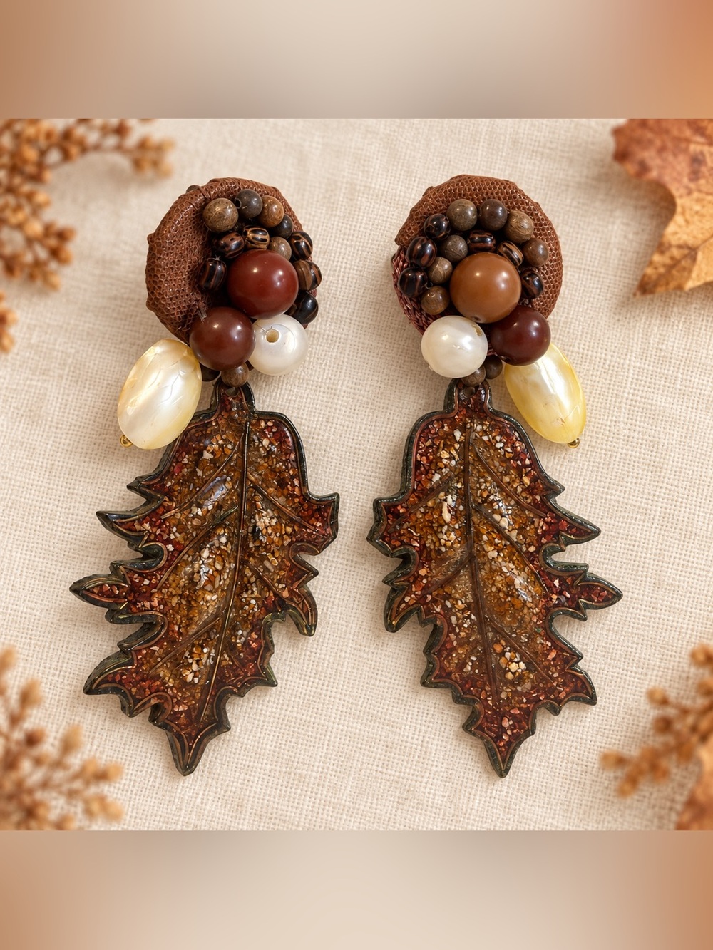 Vintage Art Deco Autumn Leaf Beaded Statement Clip-On Earrings